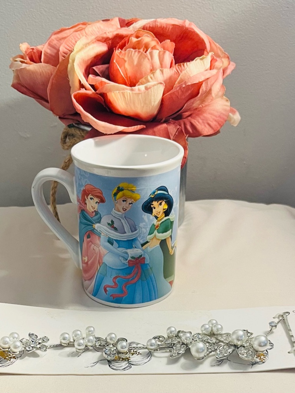 Disney Princess NWT Vintage Ceramic Mug & Gem Bella NWT Pearl bridal hair vine,